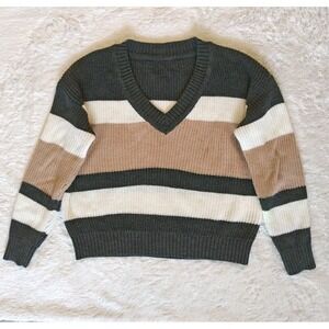 SHEIN Womens Medium Sweater Striped Gray Pink White V Neck